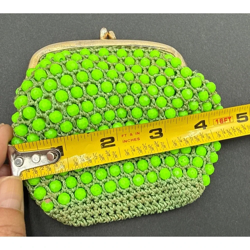 1960s Green Raffia Beaded Lucite Small Bag Coin Purse Clutch Bead RARE UV Glows